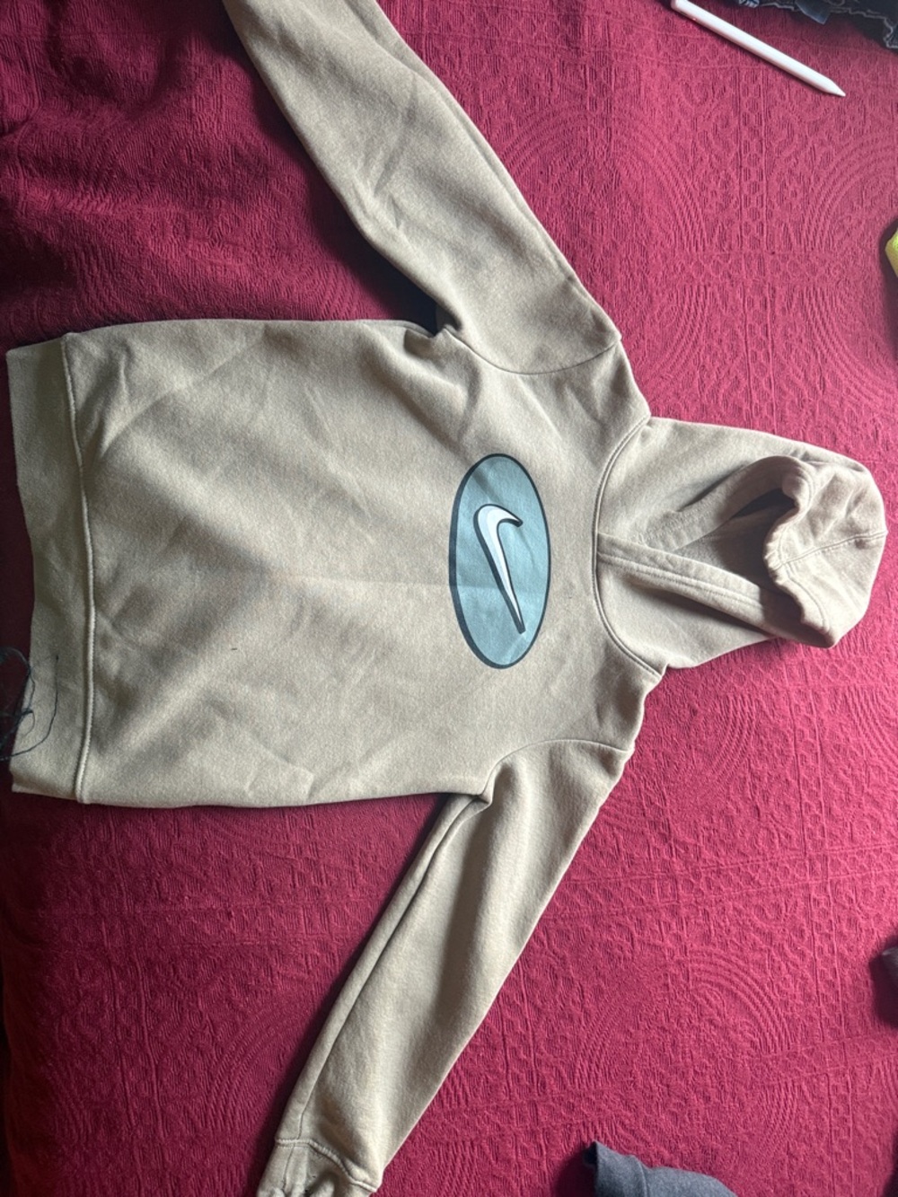 Nike Kids Beige/Tan Hooded Sweatshirt with Oversized Swoosh Patch